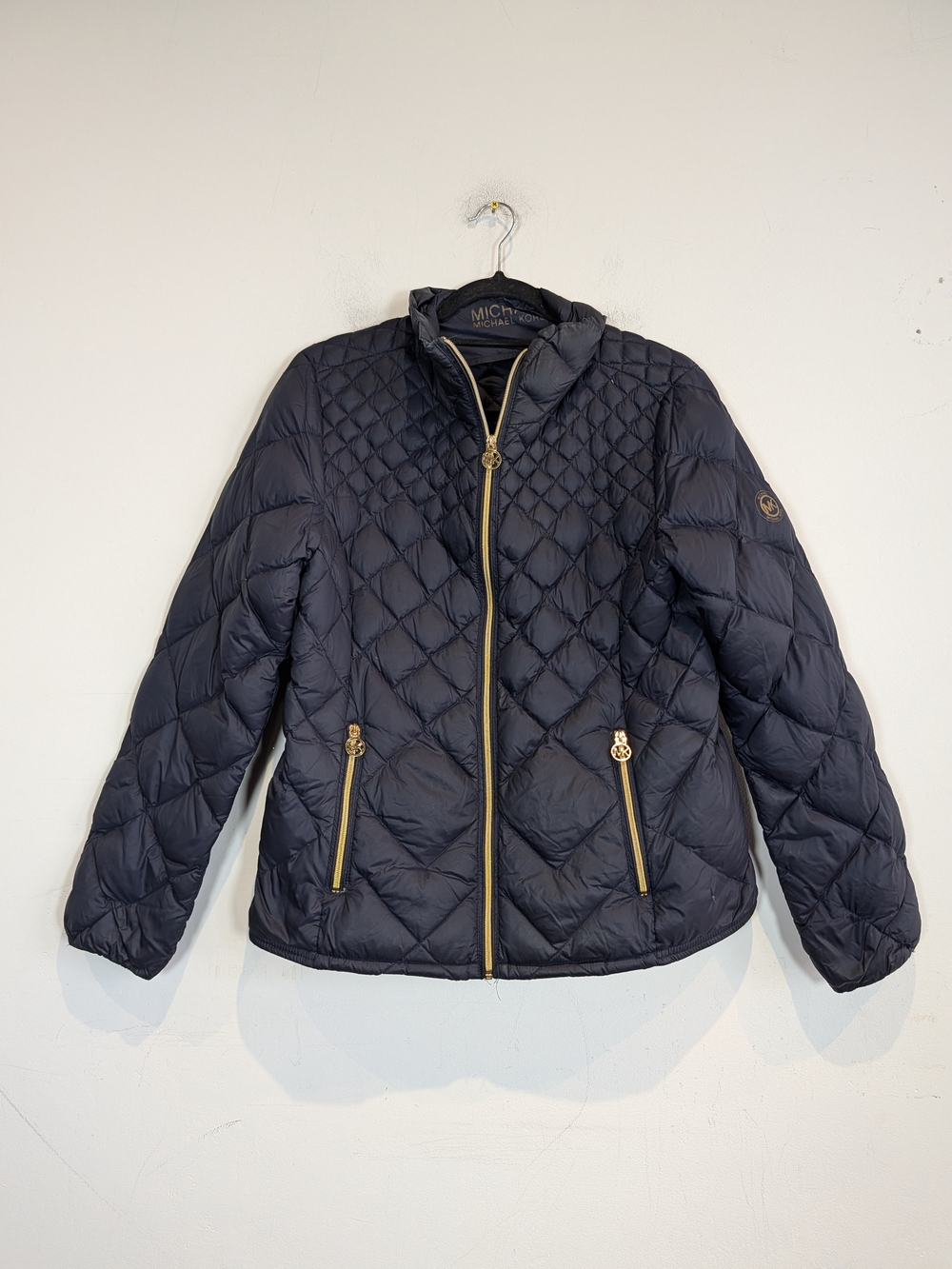 Michael Kors Navy Quilted Diamond-Pattern Puffer with Gold Hardware, Size Large